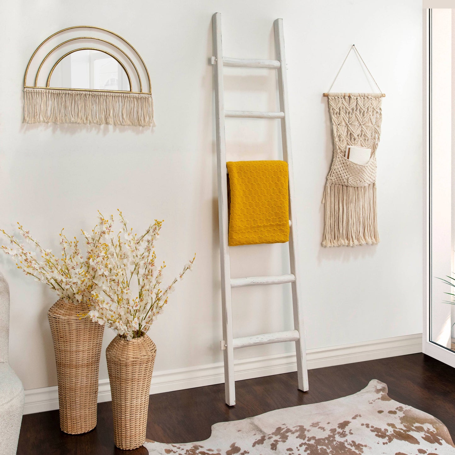 Metal Wood Arched Wall Mirror Macrame Accents - Gold, 17 in.